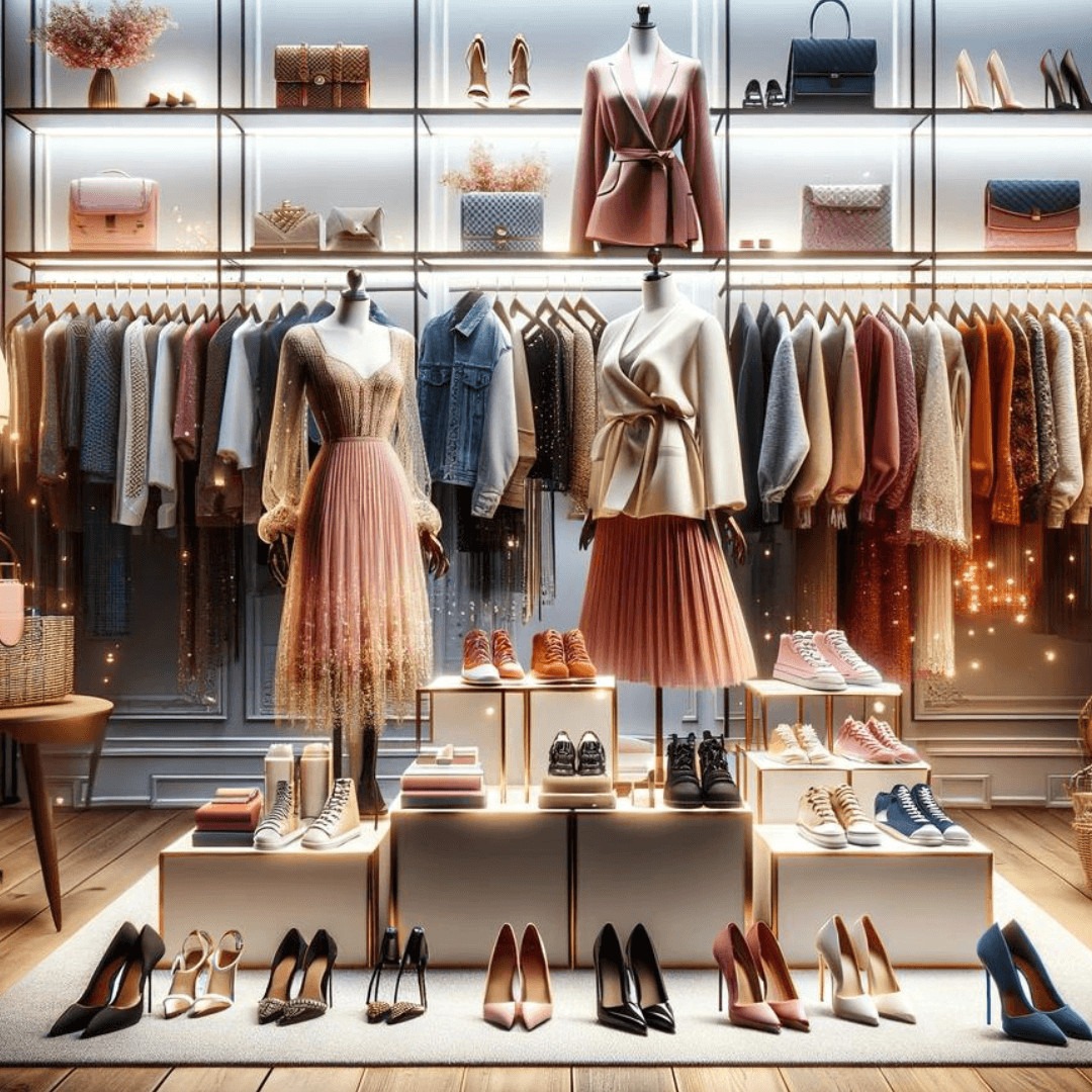 Chic boutique display featuring an array of women's clothing and shoes, with mannequins dressed in stylish outfits and shelves lined with high heels and handbags.