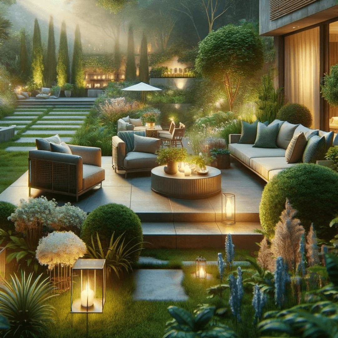 Elegant garden terrace at twilight with ambient lighting, comfortable outdoor seating, and lush landscaping, reflecting a peaceful home and garden retreat.