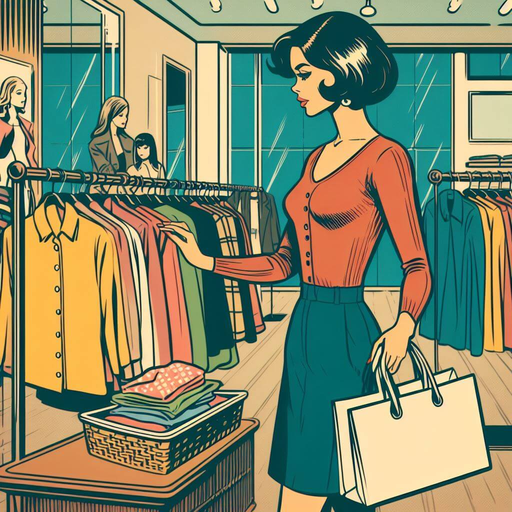 Retro-styled illustration of a fashionable woman shopping at an Urban Outfitters-like store, perusing through a rack of colorful clothing.