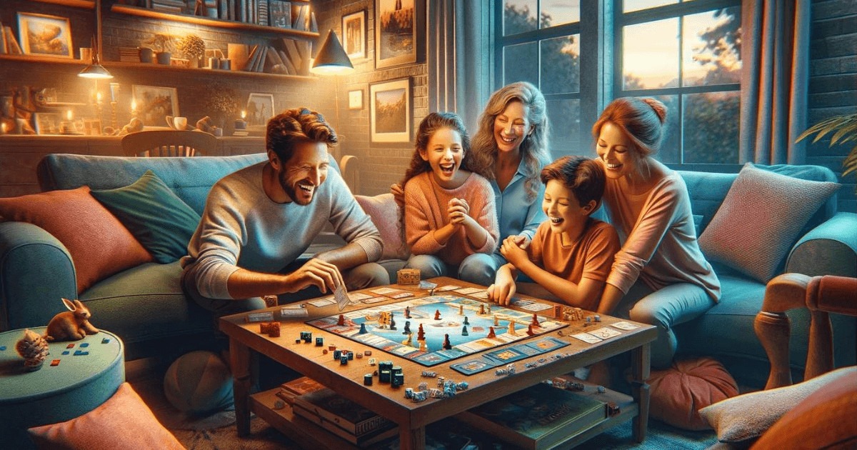A joyful family gathered around a board game in a cozy living room, with warm lighting and laughter highlighting a scene of bonding and unplugged entertainment.