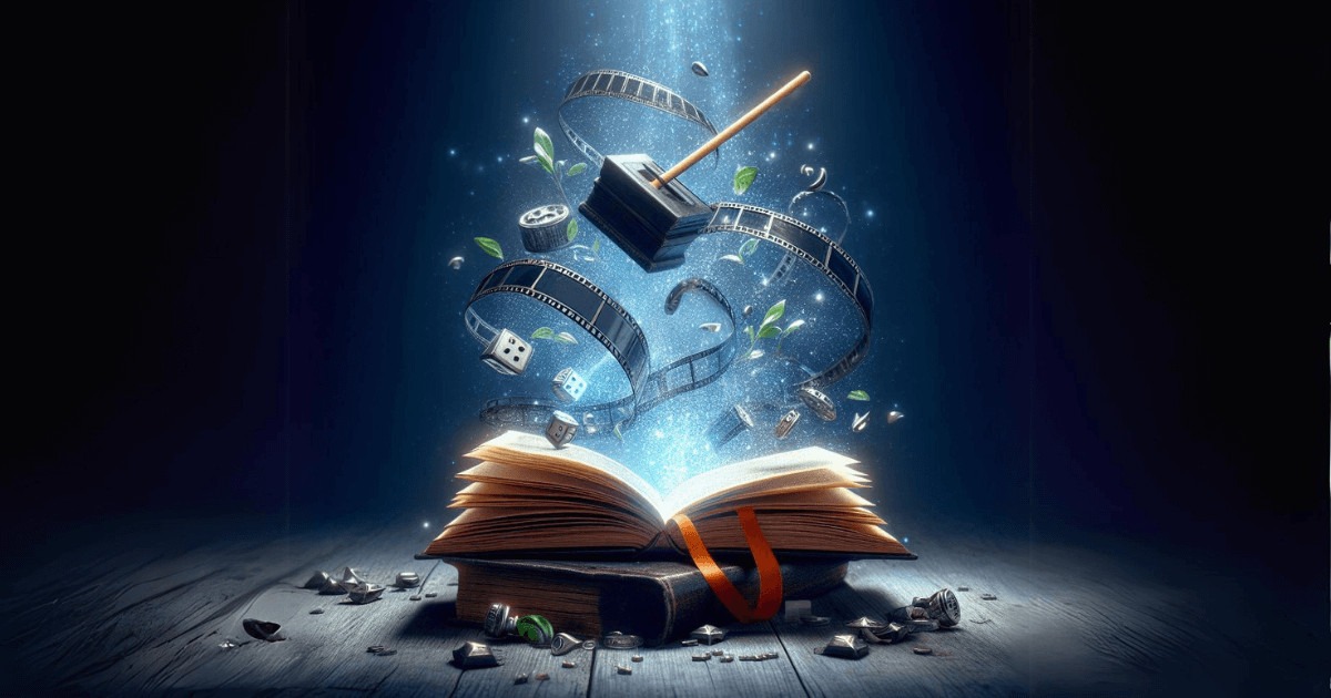An open book casting a magical glow, with film reels, a clapperboard, and dice spiraling upwards, symbolizing the enchanting journey from book to movie adaptations.